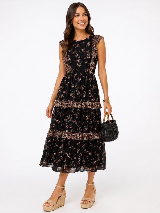 J. Crew Dresses & Skirts - J.Crew Black Floral Ruffle Tiered Midi Dress